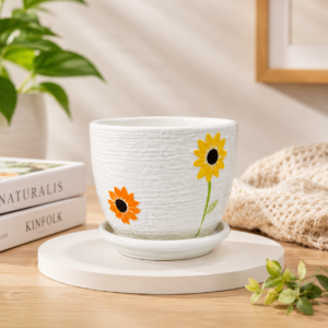 White Ceramic Pot With Sunflower Design 4 Inch